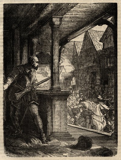 Attentat på regenten Murray (James Stewart Moray) - James Stewart Moray (ca. 1531-70), regent av Skottland for kong James VI- - gravering fra "" History of England"" av Cassell Petter & Galpin av English School