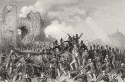 Assault of Delhi og Capture of the Cashmere Gate 14. september 1857, fra "The History of the Indian Myttery" publisert i 1858 av English School