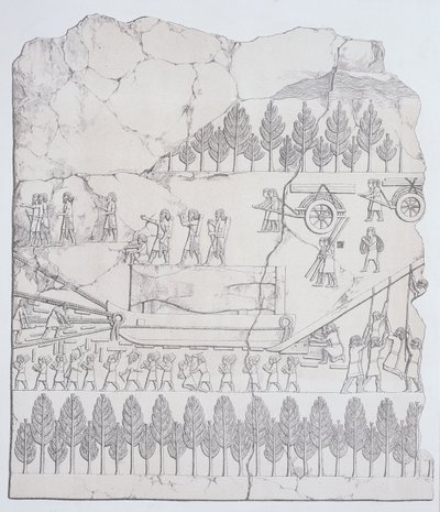 Assyrere flytter en bevinget okse på en slede, fra Nineveh and its Remains av Austen Henry Layard (1817-94) publisert 1849 av English School