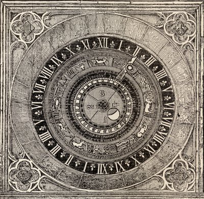 Astronomisk klokke i Hampton Court Palace, fra History of Hampton Court Palace i Tudor Times av Ernest Law, utgitt London 1885 av English School