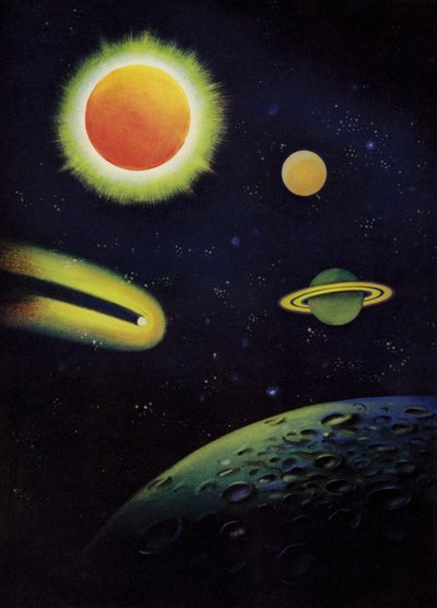 Astronomiske objekter: Solen som viser sin korona; planetene Mars og Saturn; Coggias komet; overflaten av månen (farge litho) av English School