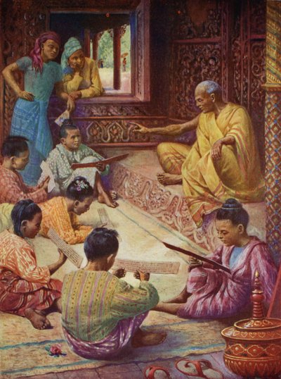 På skolen i Burma (farge litho) av English School