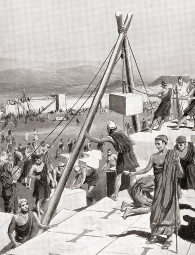 Athenerne gjenoppbygger byen sin under ledelse av Themistokles etter den persiske invasjonen av Hellas, ca. 479 f.Kr., fra Hutchinson
