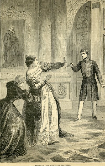 Angrep av Don Miguel på søsteren hans, hentet fra Cassells Illustrated History of England, 18571858 av English School