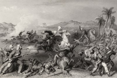Angrep på Sealcote-mytteristene av general Nicholsons irregulære kavaleri i 1857, fra 'The History of the Indian Mutiny' publisert i 1858 av English School