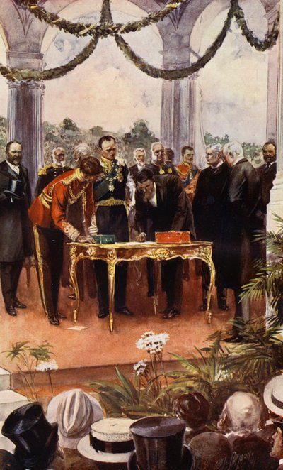 Det australske samveldet, signeringsdokument for føderasjon (fargelitografi) av English School