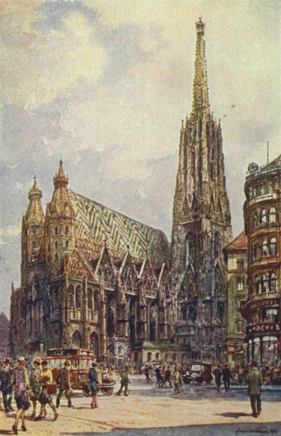 Østerrike: Stefansdomen, Wien (farge litho) av English School