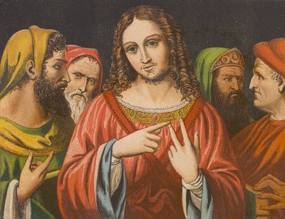 Jesu Kristi autoritet avhørt i tempelet (farge litho) av English School