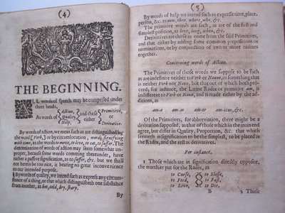 BT3.206.24 Sider fra Grunnarbeidet, eller grunnlaget lagt, (eller så ment) for utformingen av et nytt perfekt språk: og en universal eller fellesskrift av Francis Lodowyck, utgitt i London, 1652 av English School