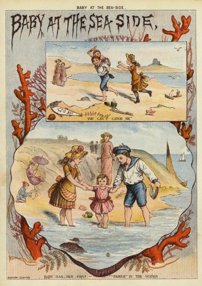 Baby ved sjøen (chromolitho) av English School