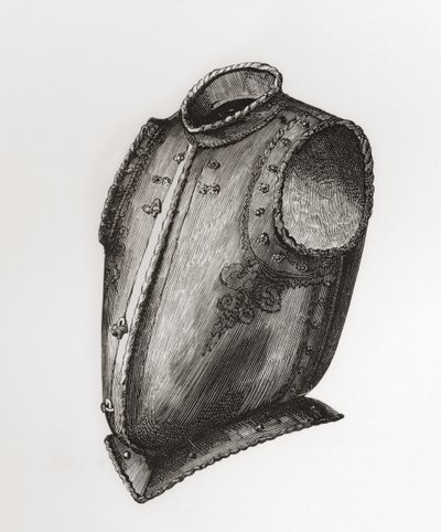 Rygg og brystplate, åpning foran, kjent som Waistcoat Breastplate, ca. 1580, fra The British Army: Its Origins, Progress and Equipment, publisert 1868. av English School