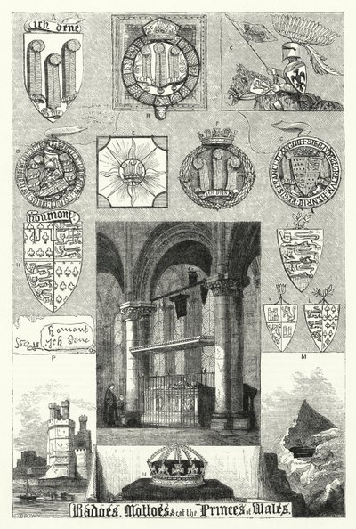 Merker, mottoer osv. tilhørende prinsene av Wales (gravering) av English School