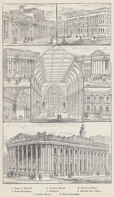 Bank of England, Zollhaus, Mansion House, Börse, Guildhall, Hauptpostamt, Trinity House, Royal Exchange (Stich) von English School