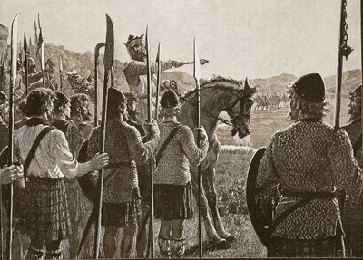 Bannockburn: Bruce gjennomgår troppene sine før kamp, illustrasjon fra Cassells Illustrated History of England (sepiafoto) av English School