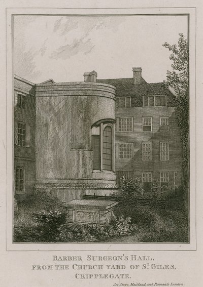 Barber Surgeons Hall, Monkwell Street, London, sett fra kirkegården til St Giles, Cripplegate av English School
