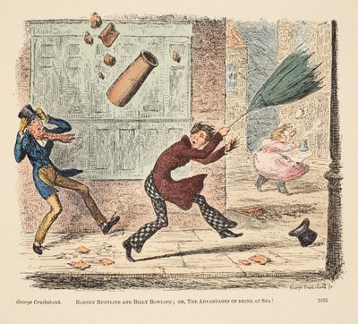 Barney Buntline og Billy Bowling; eller, The Advantages of Being at Sea, pub. 1835 (håndfarget gravering) av English School