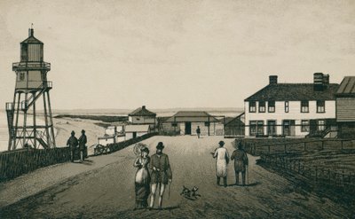 Badehus og sand, Dovercourt (litografi) av English School