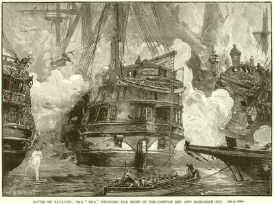 Battle of Navarino: Asia som engasjerer skipene til Captain Bey og Moharrem Bey av English School