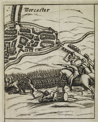 Battle of Worcester-scenen, fra "The History of his Sacred Majesties most Wonderfull Preservation, after the Battle of Worcester" av English School