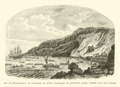 Bay of Kealakeakua ved Owhyhee, eller Hawii, Hawaiian eller Sandwich Isles, der Cook ble drept av English School