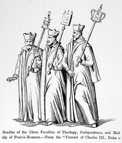 Beadles ved de tre fakultetene for teologi, rettsvitenskap og medisin, fra begravelsen til Charles III (1543-1608) hertugen av Lorraine, illustrasjon fra vitenskap og litteratur i middelalderen og th av English School