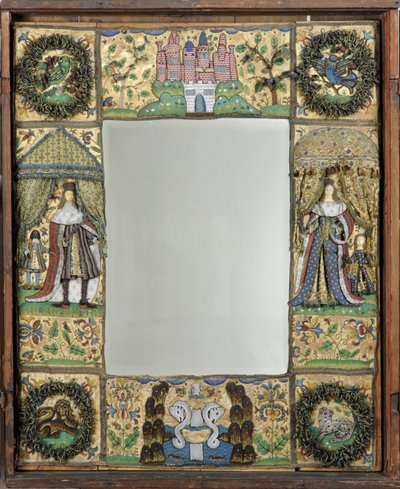 Perlearbeidsspeil, ca. 1672-79 (silke-, metall- og skinntråder med glassperler og spangles på silke-sateng-slipt belagt med eik) av English School