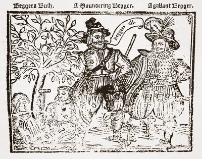 Beggars All: Beggars Bush, a Wandering Beggar and a Gallant Beggar, tittelsiden til The Praise, Antiquity and Commodity of Beggary, Beggars and Begging av English School