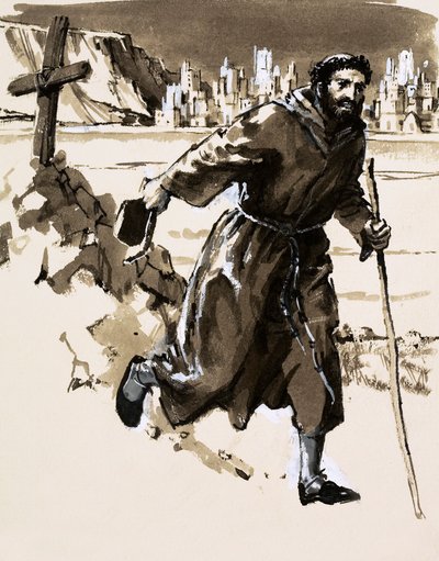 I troen på at han hadde oppdaget El Dorado, reiste en munk et kors for å gjøre krav på den skinnende byen (gouache på papir) av English School