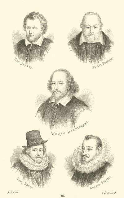 Ben Jonson, George Buchanan, William Shakespeare, Lord Bacon, Edmund Spenser av English School