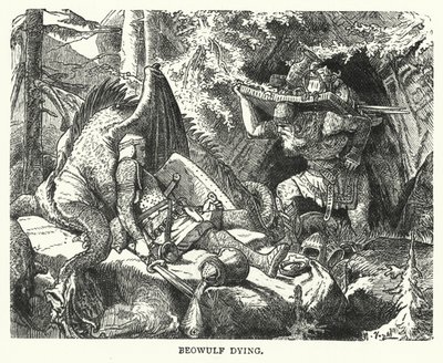 Beowulf døende (gravering) av English School