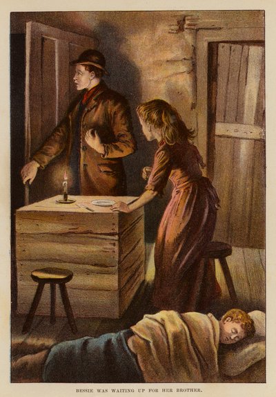 Bessie ventet oppe på broren sin (fargelitografi) av English School