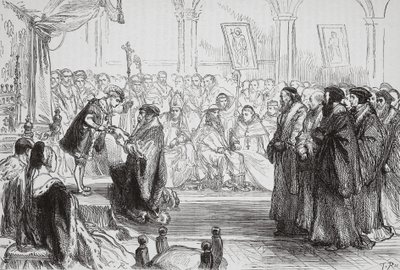 Beza presenterer den franske protestantiske kirkens bekjennelse for kongen ved Colloquy of Poissy, illustrasjon fra The History of Protestantism av James Aitken Wylie (1808-1890), pub. 1878 (eng av English School