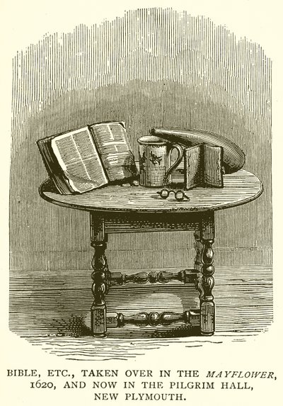Bibelen, etc., overtatt i Mayflower, 1620, og nå i Pilgrim Hall, New Plymouth av English School
