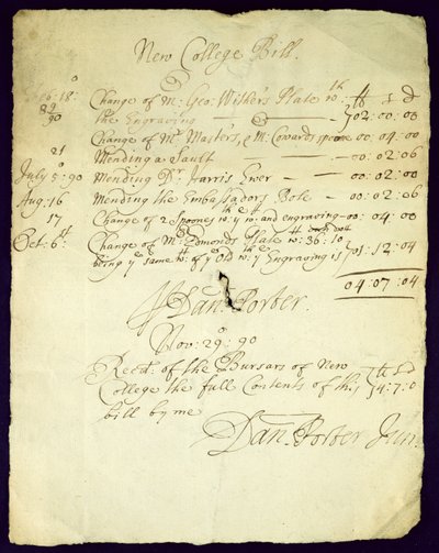 Bill fra Daniel Porter til New College, 1690 av English School