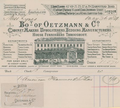Bill fra Oetzmann & Co, møbelsnekkere, møbeltrekkere, sengetøyprodusenter og husmøblere av English School