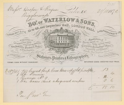 Bill fra Waterlow and Sons, 66-68 Carpenters Hall, London Wall, stasjonærer av English School