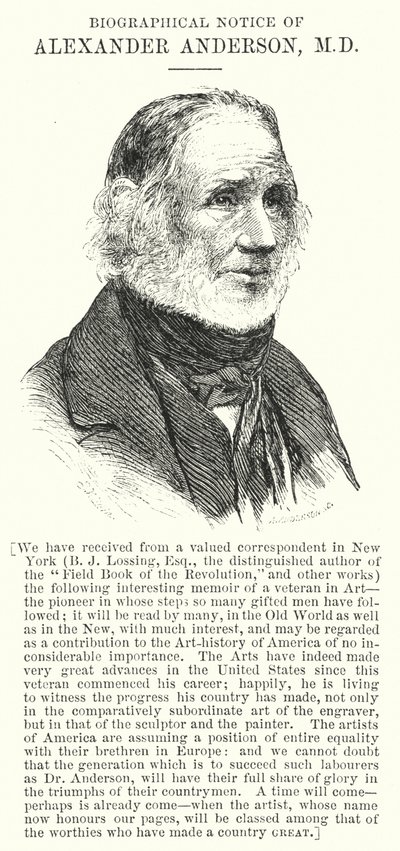 Biografisk melding om Alexander Anderson, MD (gravering) av English School