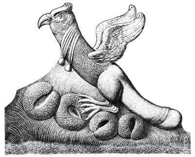 Fugl med spredte vinger og fallisk hale sitter på fire egg, gallo-romersk skulptur fra Nimes i Frankrike av English School