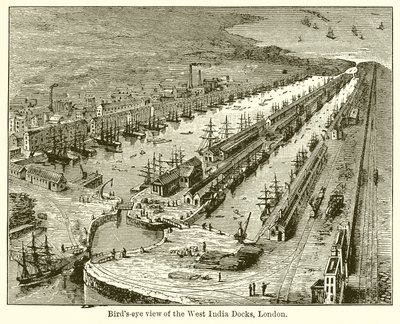 Fugleperspektiv av West India Docks, London av English School