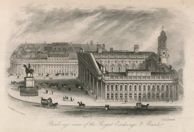 Fugleperspektiv av Royal Exchange and Bank av English School