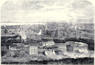 Fugleperspektiv av byen Washington 1861, med Capitol under bygging i forgrunnen [Digitalt renset versjon] av English School