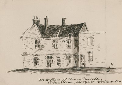 Fødested til Henry Purcell, St Anns Lane, Old Pye Street, Westminster (blekk på papir) av English School