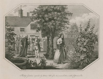 Biskop Gardiner irettesatt av kong Henry VIII etter hans forsoning med Catherine Parr av English School