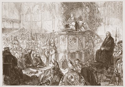 Biskop av Lodi forkynner under rettssaken mot Huss, illustrasjon fra The History of Protestantism av James Aitken Wylie (1808-1890), pub. 1878 av English School