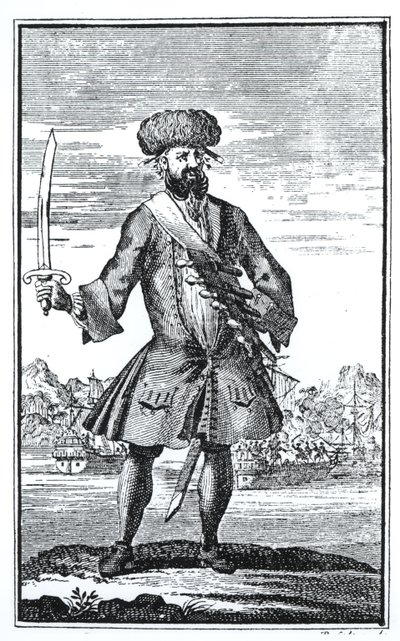 Blackbeard the Pirate, fra A General History of the Robberies and Murders of the most Notorious Pyrates av kaptein Charles Johnson, utgitt 1724 av English School