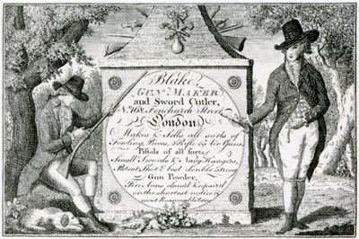 Blake, Gunmaker og Sword Cutler, våpenkasseetikett (gravering) av English School