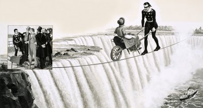 Blondin (Francois Gravelet) skyver en trillebår over en stram tau over Niagara Falls av English School