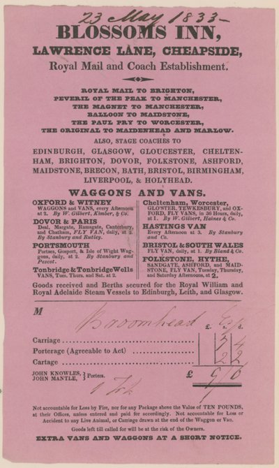 Blossoms Inn, Lawrence Lane, Cheapside, Bill av English School