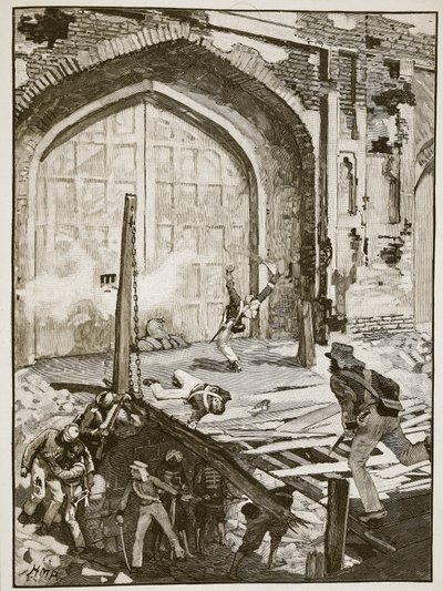 Blåser opp Cashmere-porten ved Delhi, illustrasjon fra Cassells Illustrated History of England (sepia-bilde) av English School