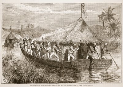 Blue-Jackets and Marines polerer den britiske ekspedisjonen opp Perak River, illustrasjon fra Cassells Illustrated History of England av English School